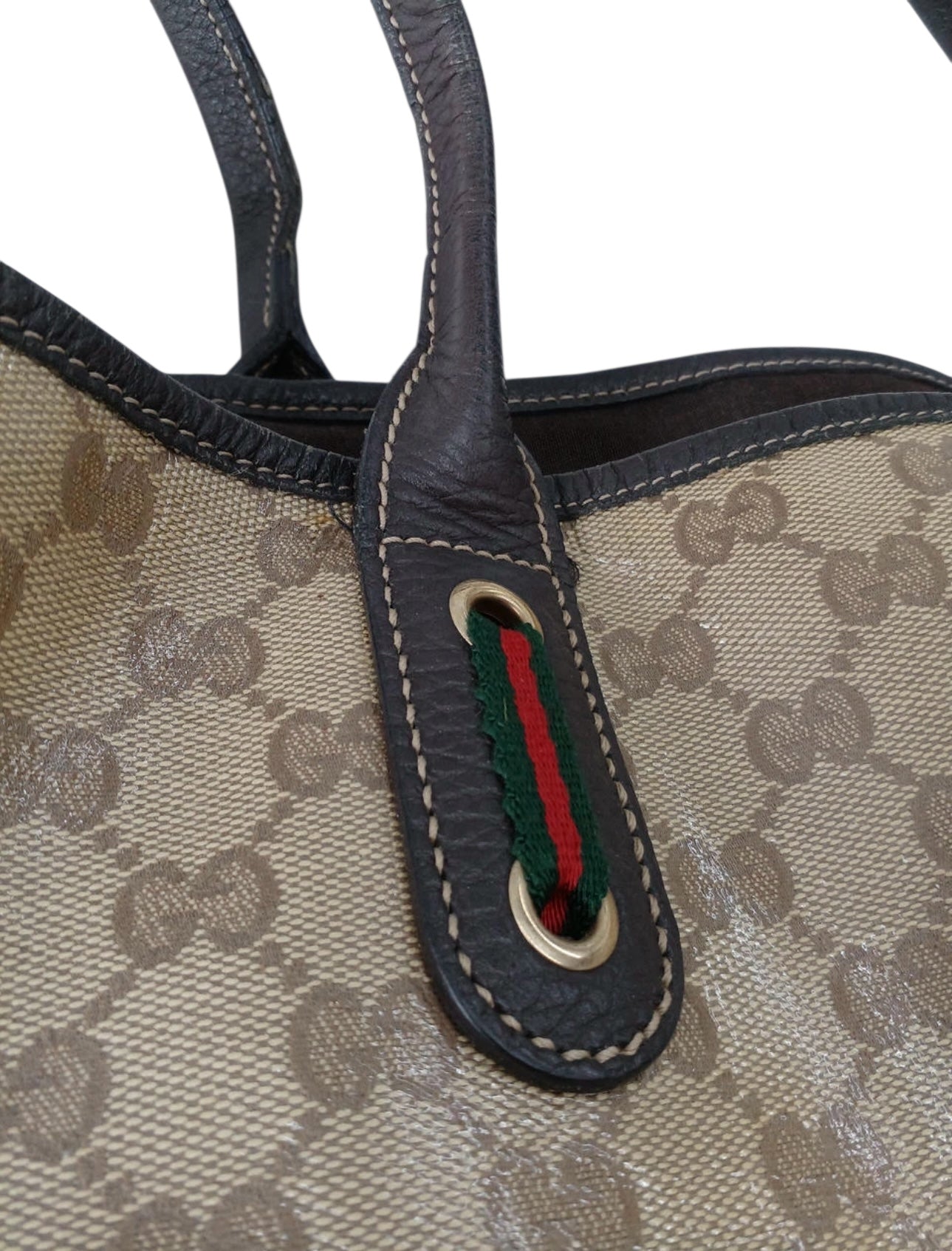 Gucci GG Canvas Tote Bag with Brown Leather Trim