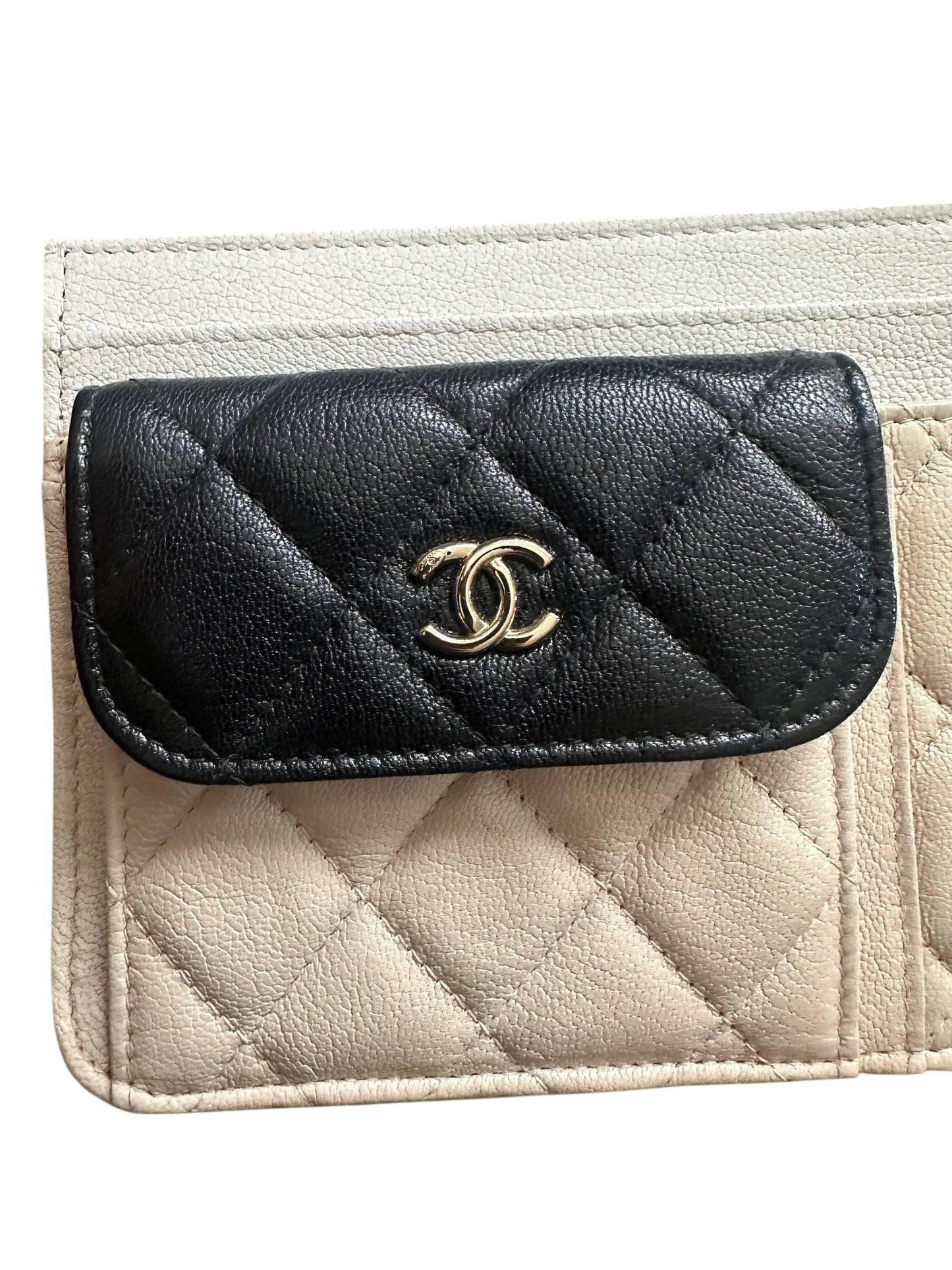Chanel Goatskin Quilted Tri-Color In & Out Chain Wallet Beige w Black Pocket