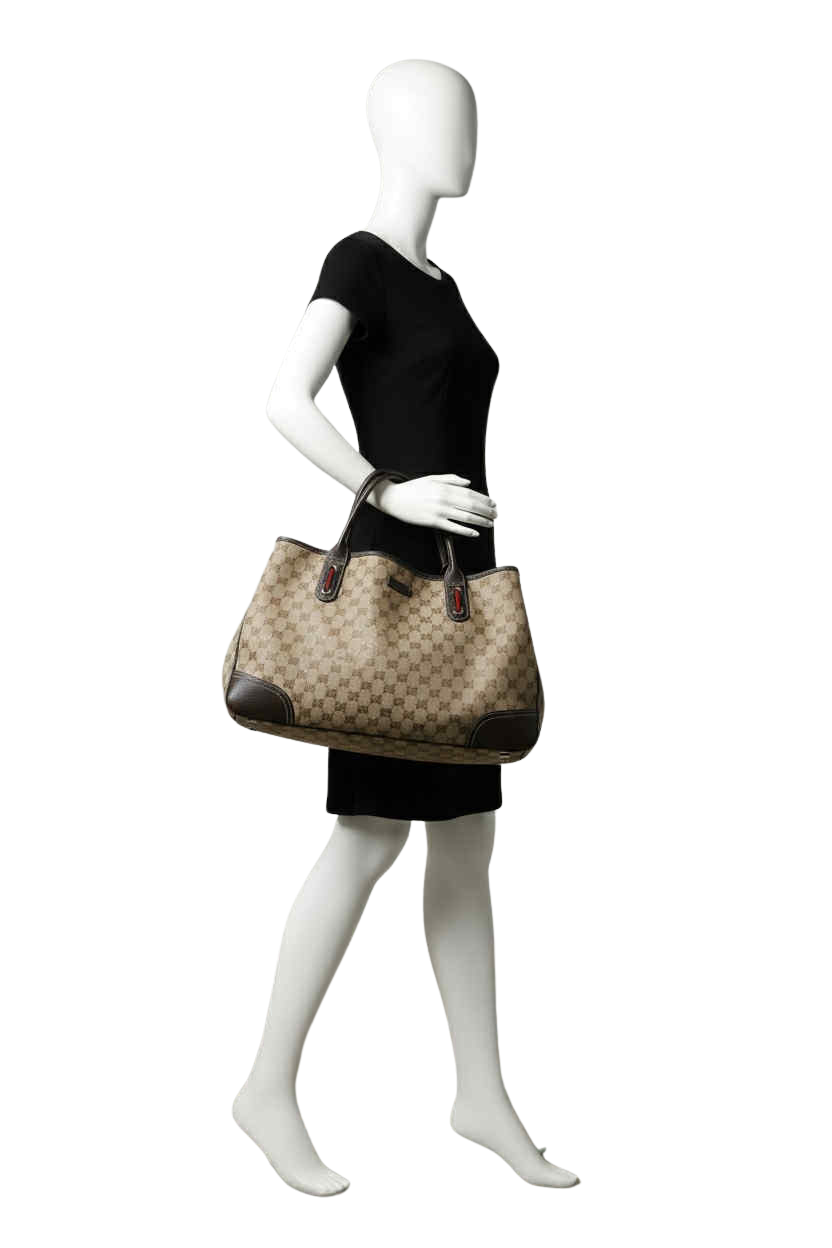 Gucci GG Canvas Tote Bag with Brown Leather Trim