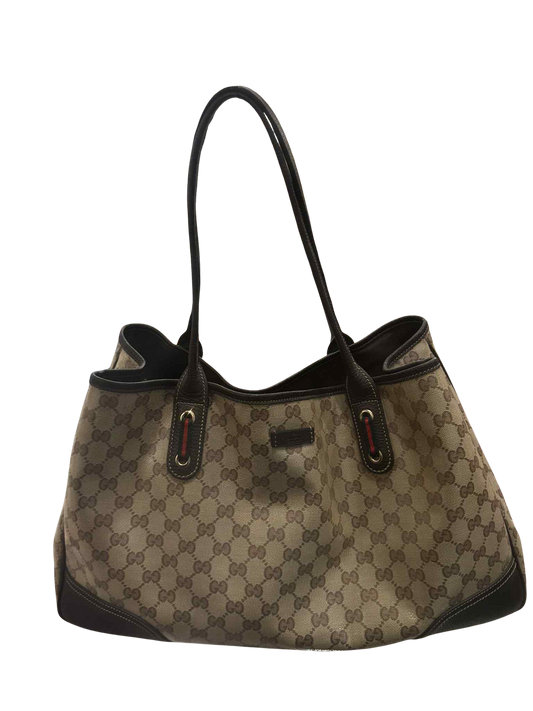 Gucci GG Canvas Tote Bag with Brown Leather Trim