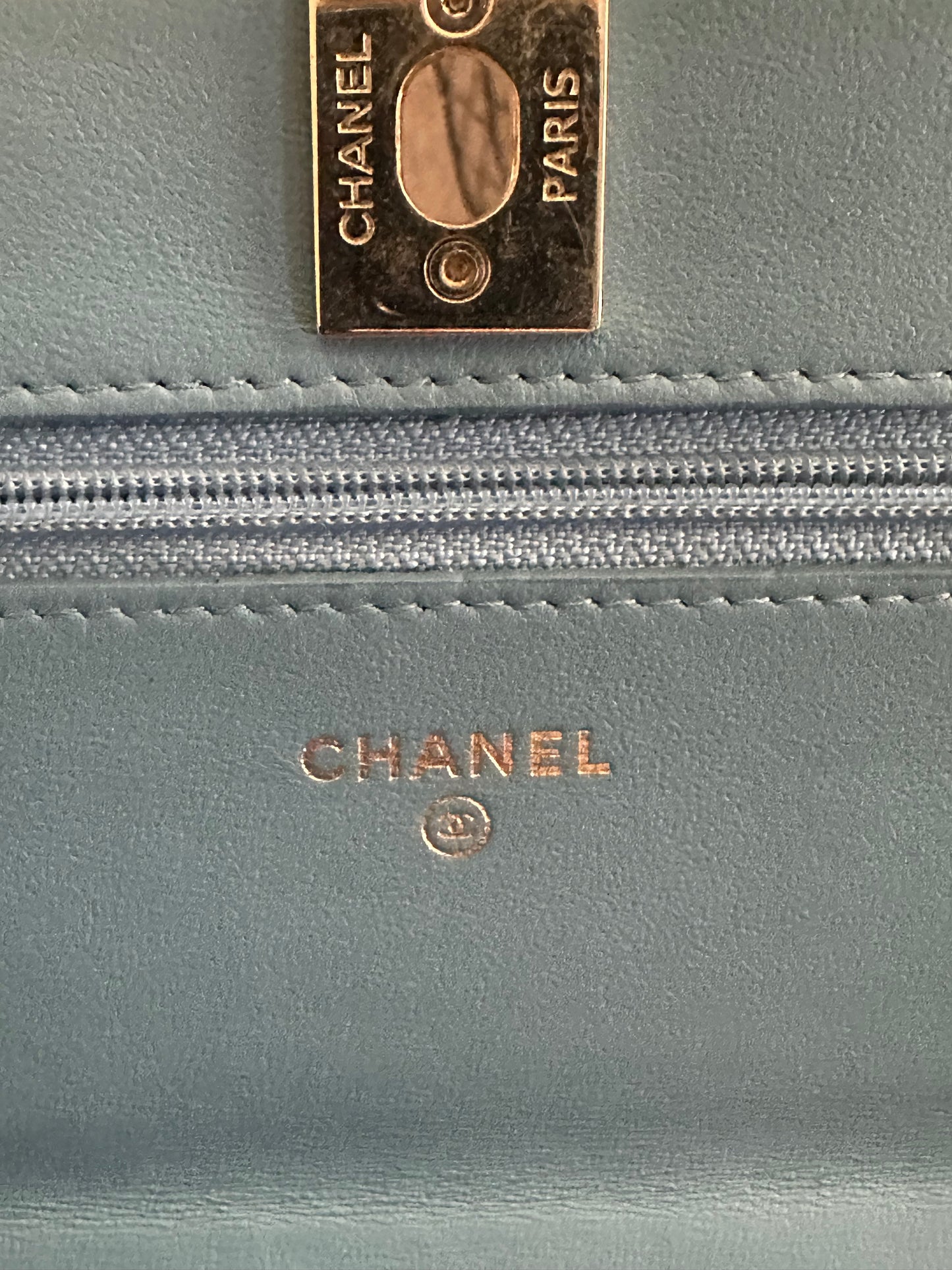 Chanel Wallet on Chain Lambskin Chevron Quilted Trendy Cc Woc Light Bl Blue Leather Cross Body Bag