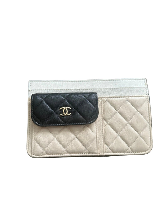 Chanel Goatskin Quilted Tri-Color In & Out Chain Wallet Beige w Black Pocket
