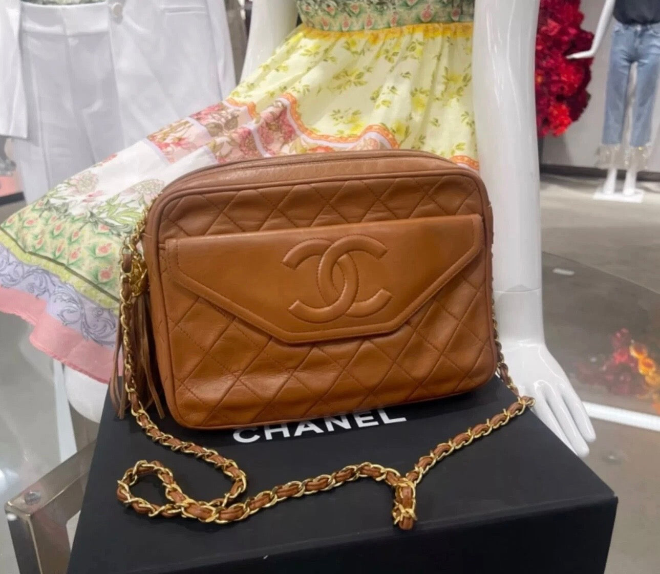 CHANEL Vintage Brown Leather Chevron Quilted Camera Bag Gold Chain + Tassel