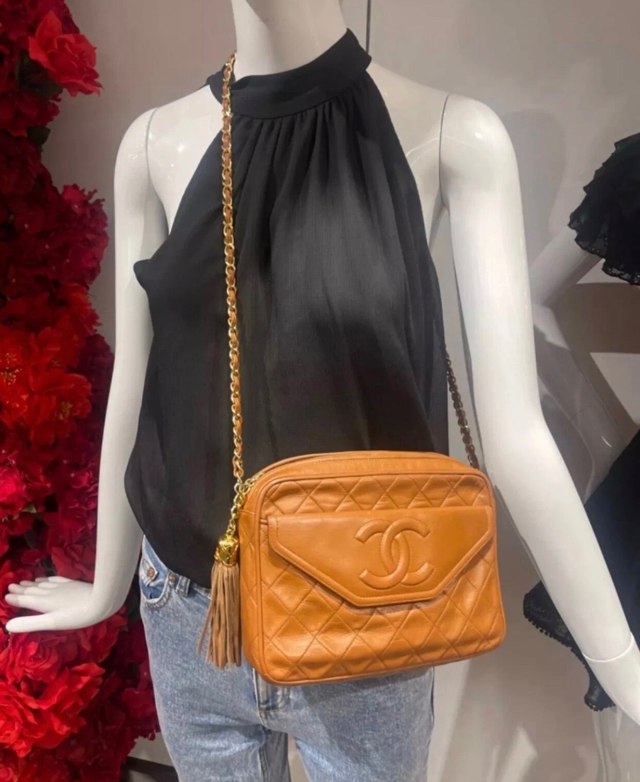 CHANEL Vintage Brown Leather Chevron Quilted Camera Bag Gold Chain + Tassel
