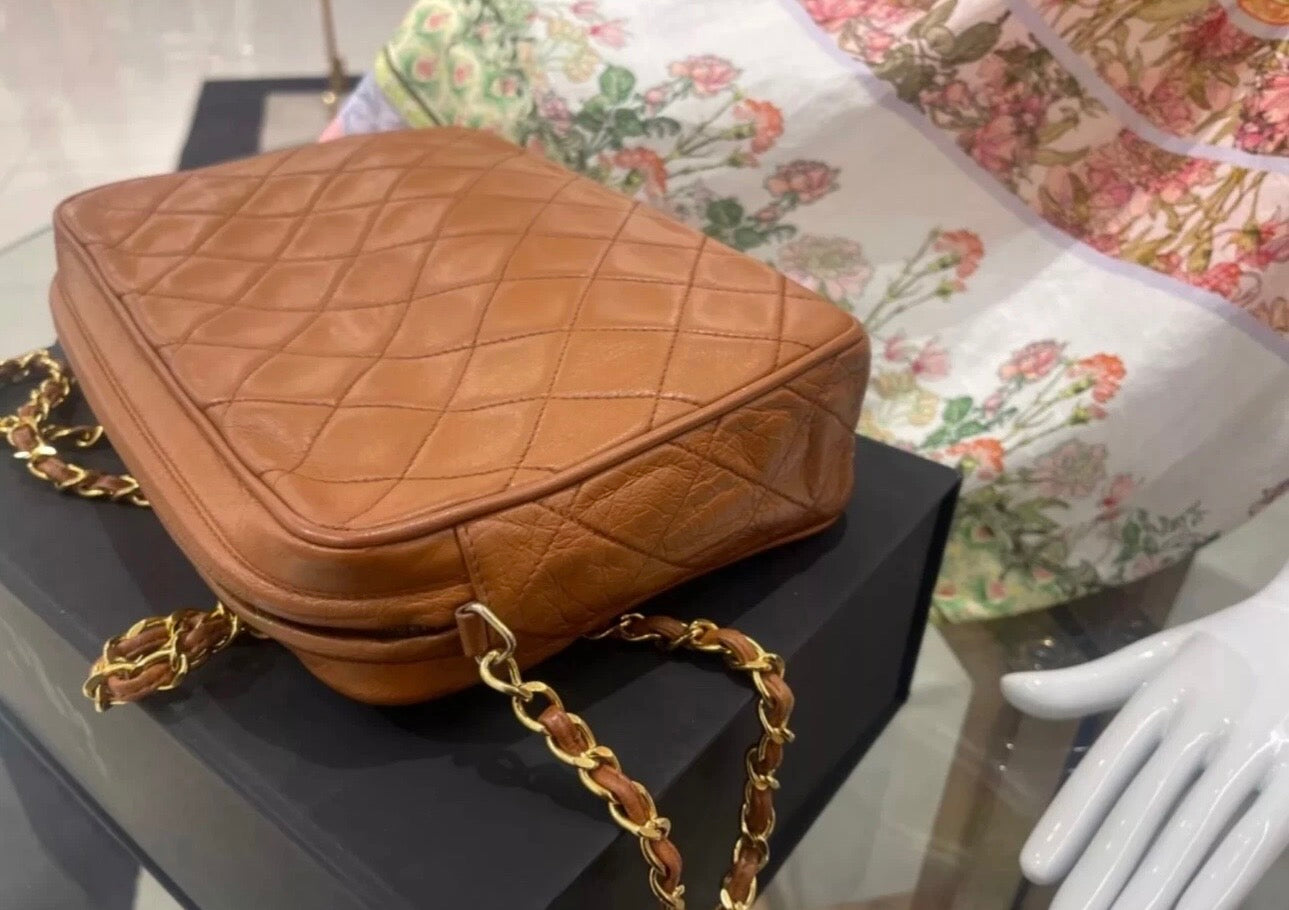 CHANEL Vintage Brown Leather Chevron Quilted Camera Bag Gold Chain + Tassel