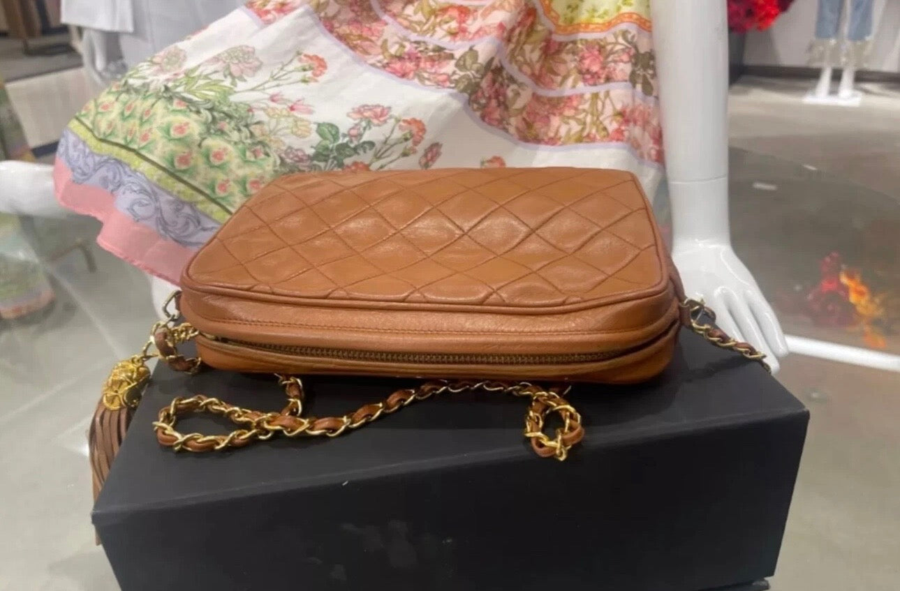 CHANEL Vintage Brown Leather Chevron Quilted Camera Bag Gold Chain + Tassel