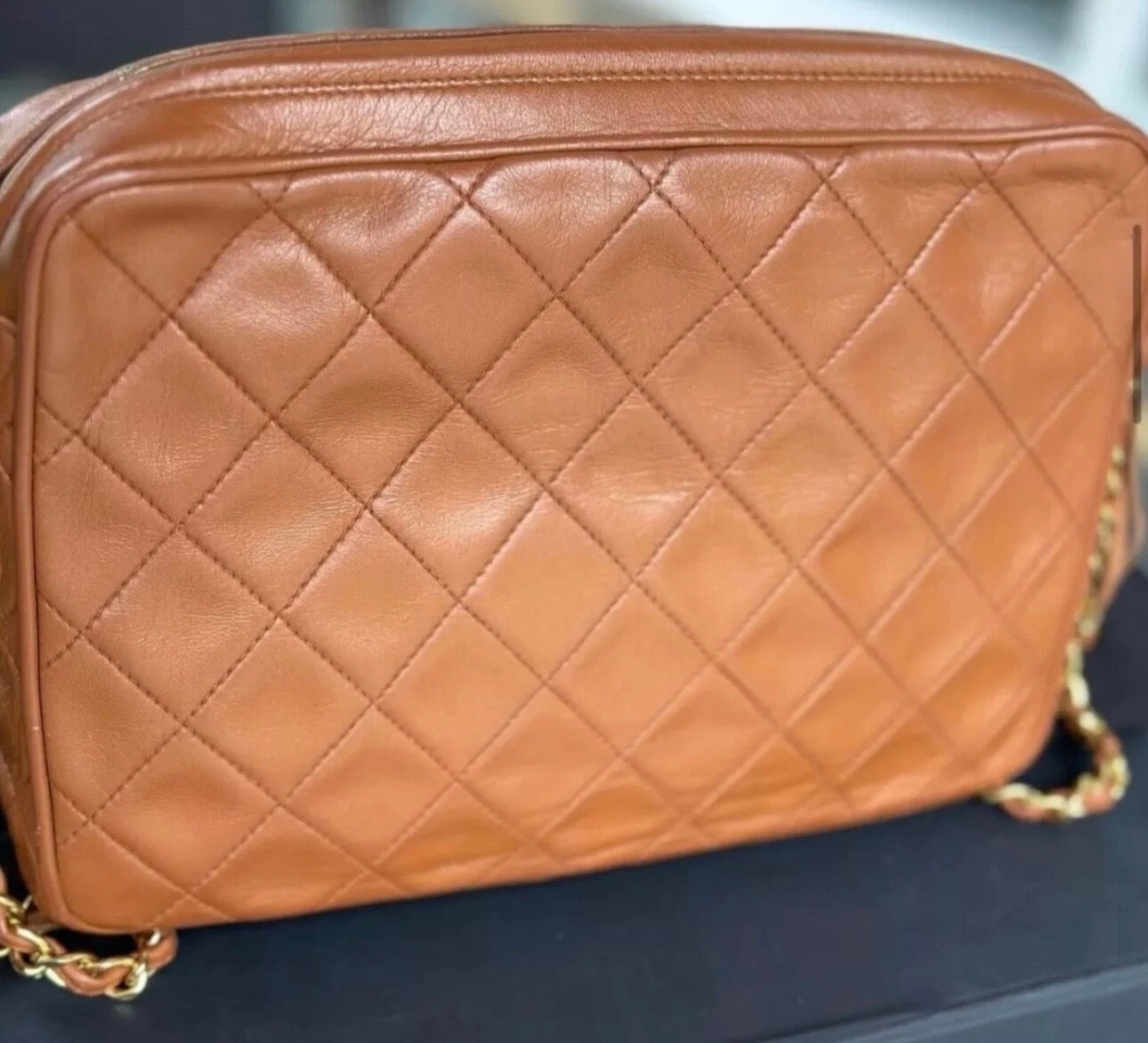CHANEL Vintage Brown Leather Chevron Quilted Camera Bag Gold Chain + Tassel