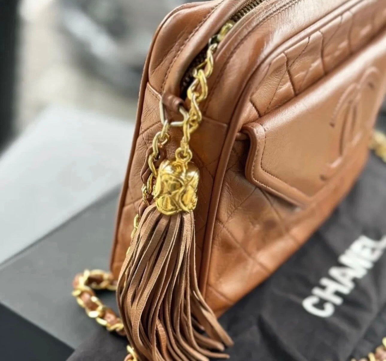 CHANEL Vintage Brown Leather Chevron Quilted Camera Bag Gold Chain + Tassel