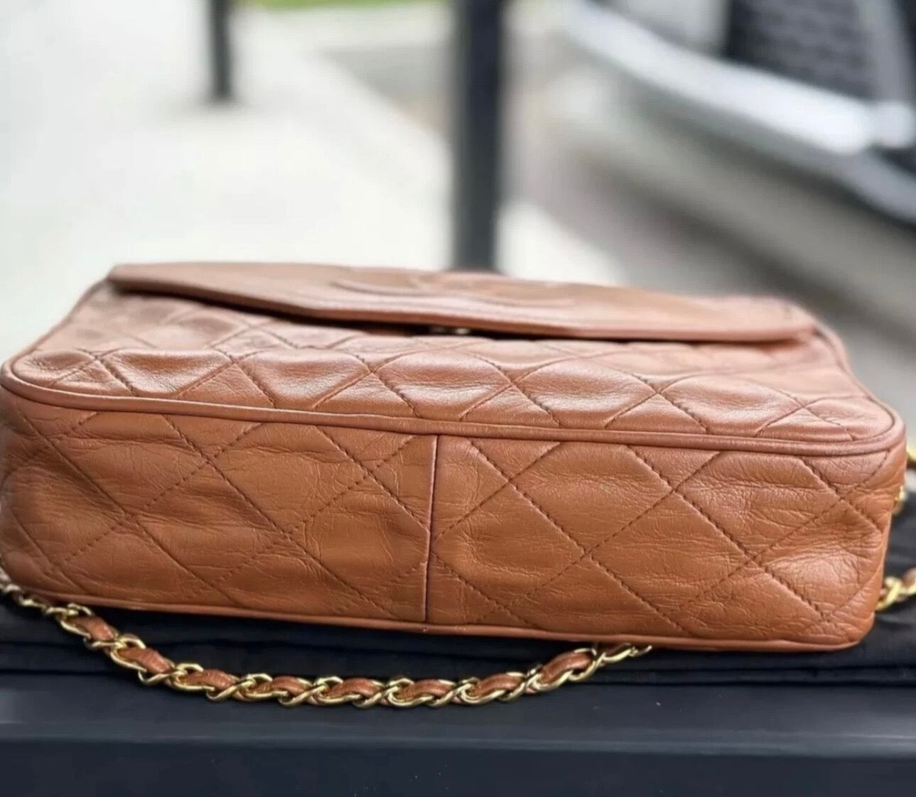 CHANEL Vintage Brown Leather Chevron Quilted Camera Bag Gold Chain + Tassel