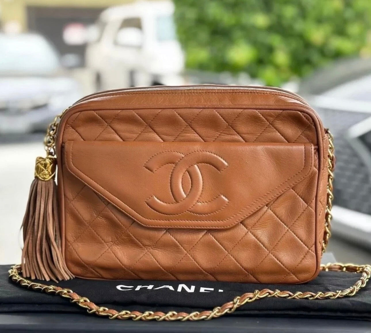 CHANEL Vintage Brown Leather Chevron Quilted Camera Bag Gold Chain + Tassel