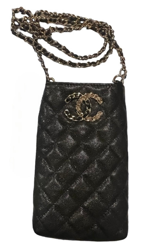 2020 Quilted Phone Holder In Black Caviar Leather Cross Body Bag