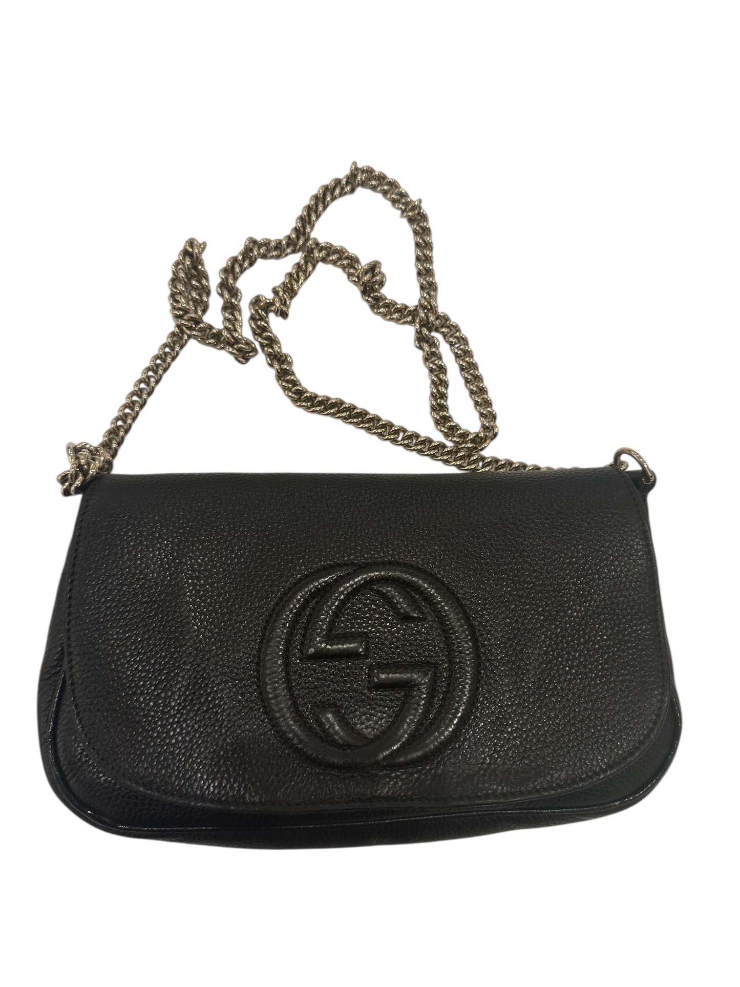Gucci Pebbled Calfskin Medium Soho Flap Crossbody Camelia