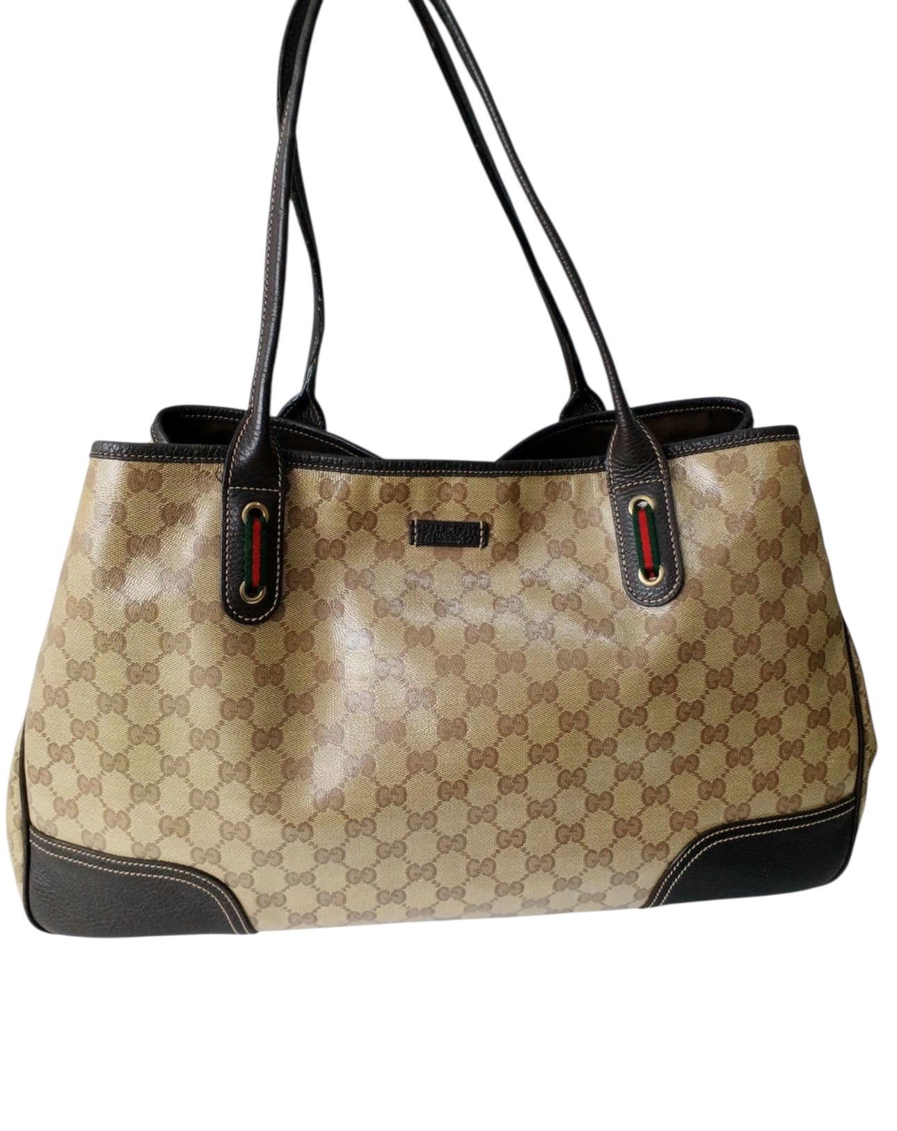 Gucci GG Canvas Tote Bag with Brown Leather Trim