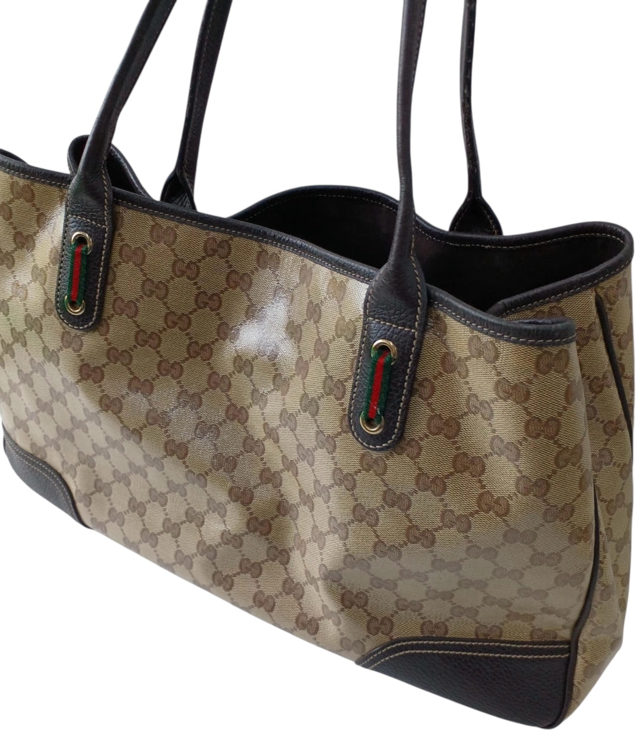 Gucci GG Canvas Tote Bag with Brown Leather Trim