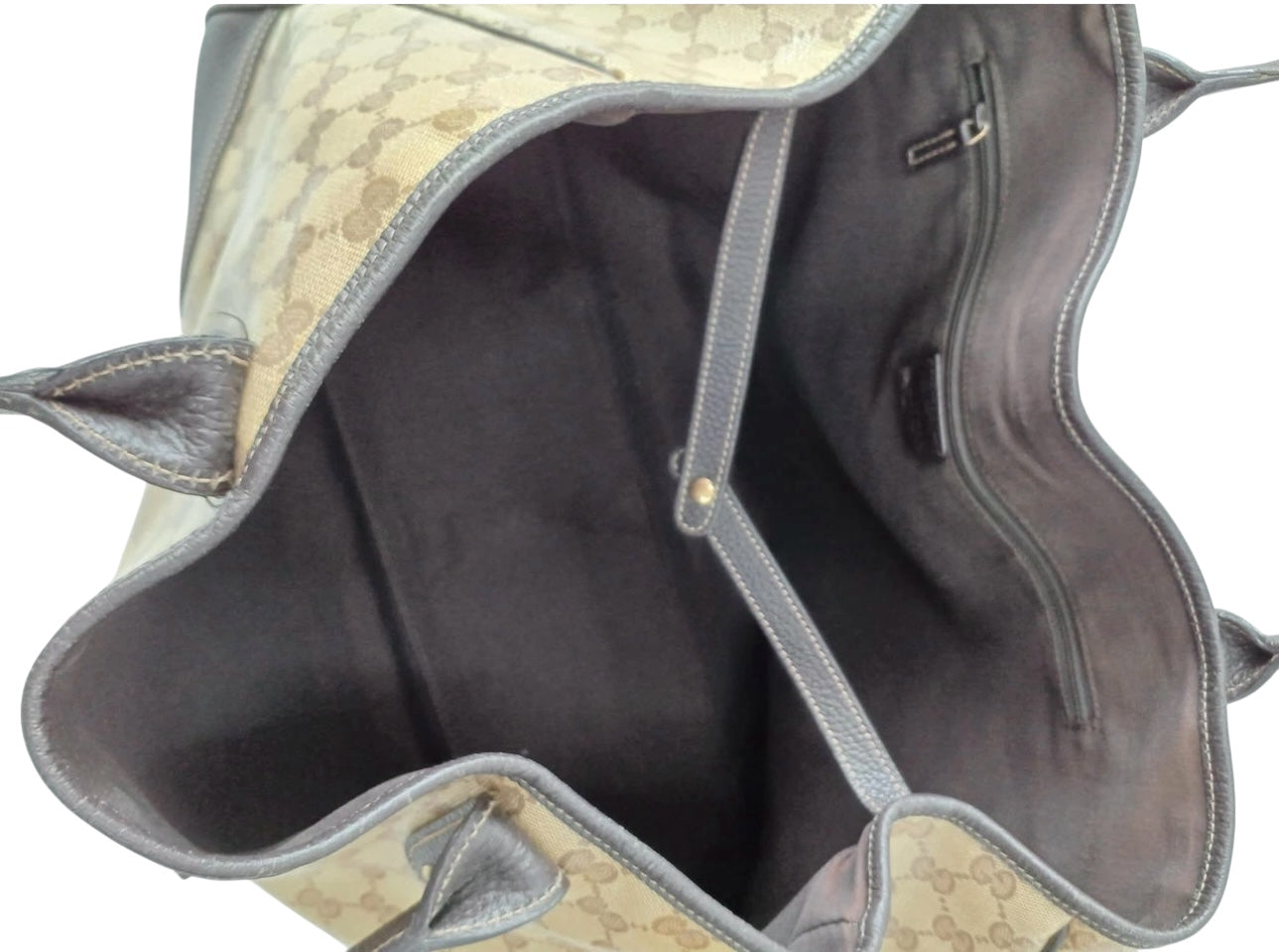 Gucci GG Canvas Tote Bag with Brown Leather Trim