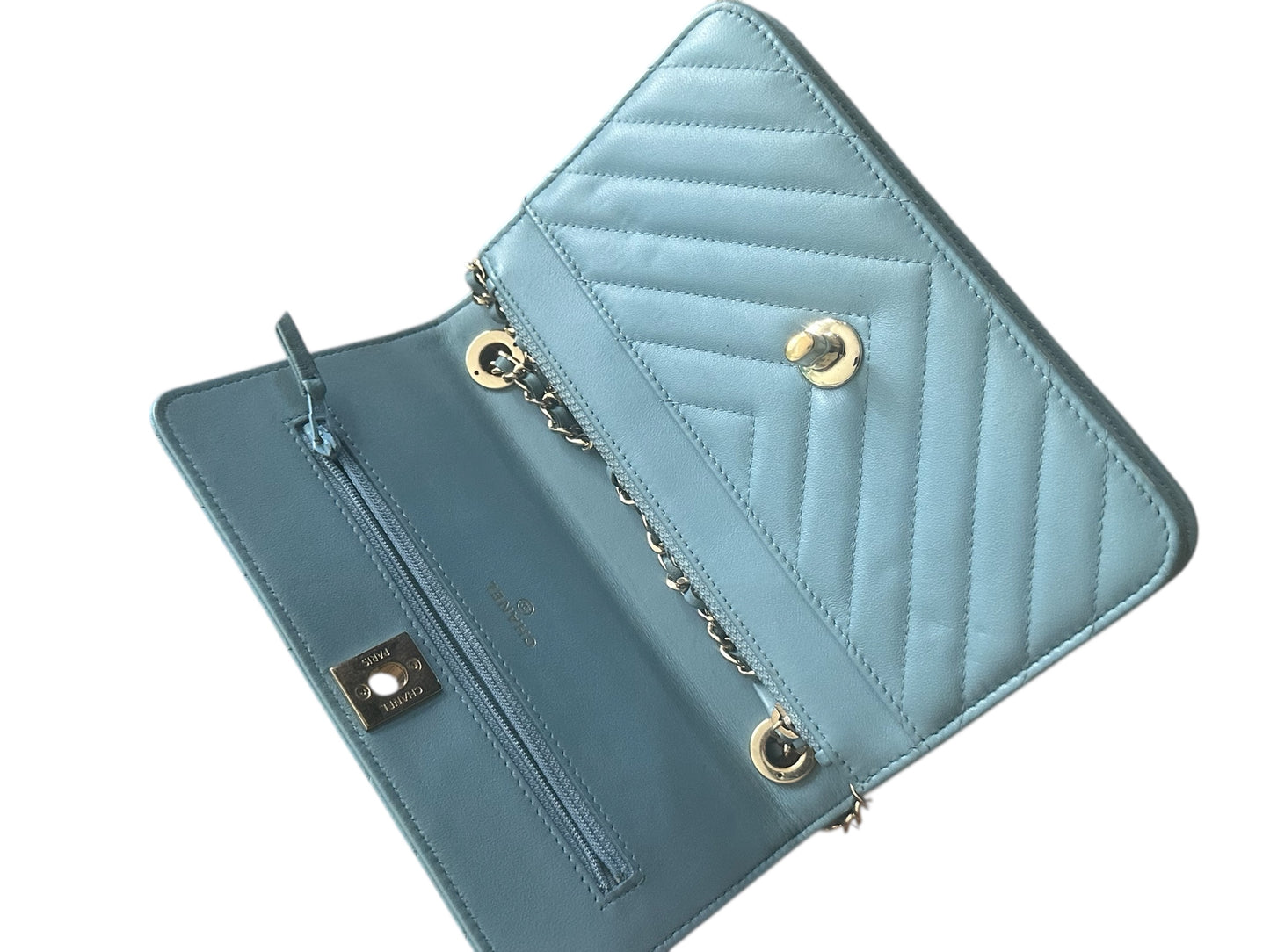 Chanel Wallet on Chain Lambskin Chevron Quilted Trendy Cc Woc Light Bl Blue Leather Cross Body Bag