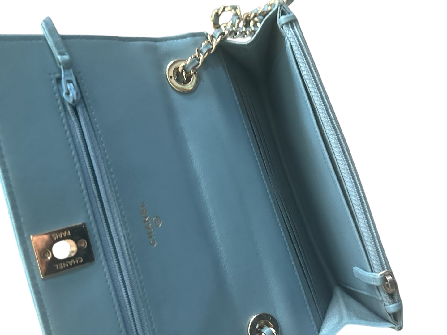 Chanel Wallet on Chain Lambskin Chevron Quilted Trendy Cc Woc Light Bl Blue Leather Cross Body Bag