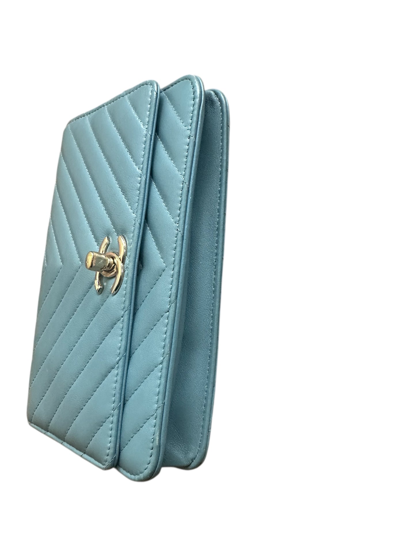 Chanel Wallet on Chain Lambskin Chevron Quilted Trendy Cc Woc Light Bl Blue Leather Cross Body Bag