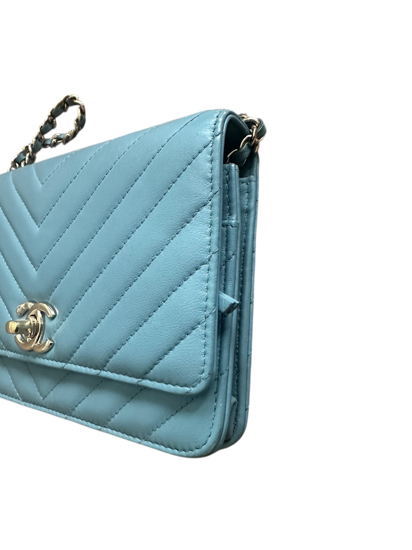 Chanel Wallet on Chain Lambskin Chevron Quilted Trendy Cc Woc Light Bl Blue Leather Cross Body Bag