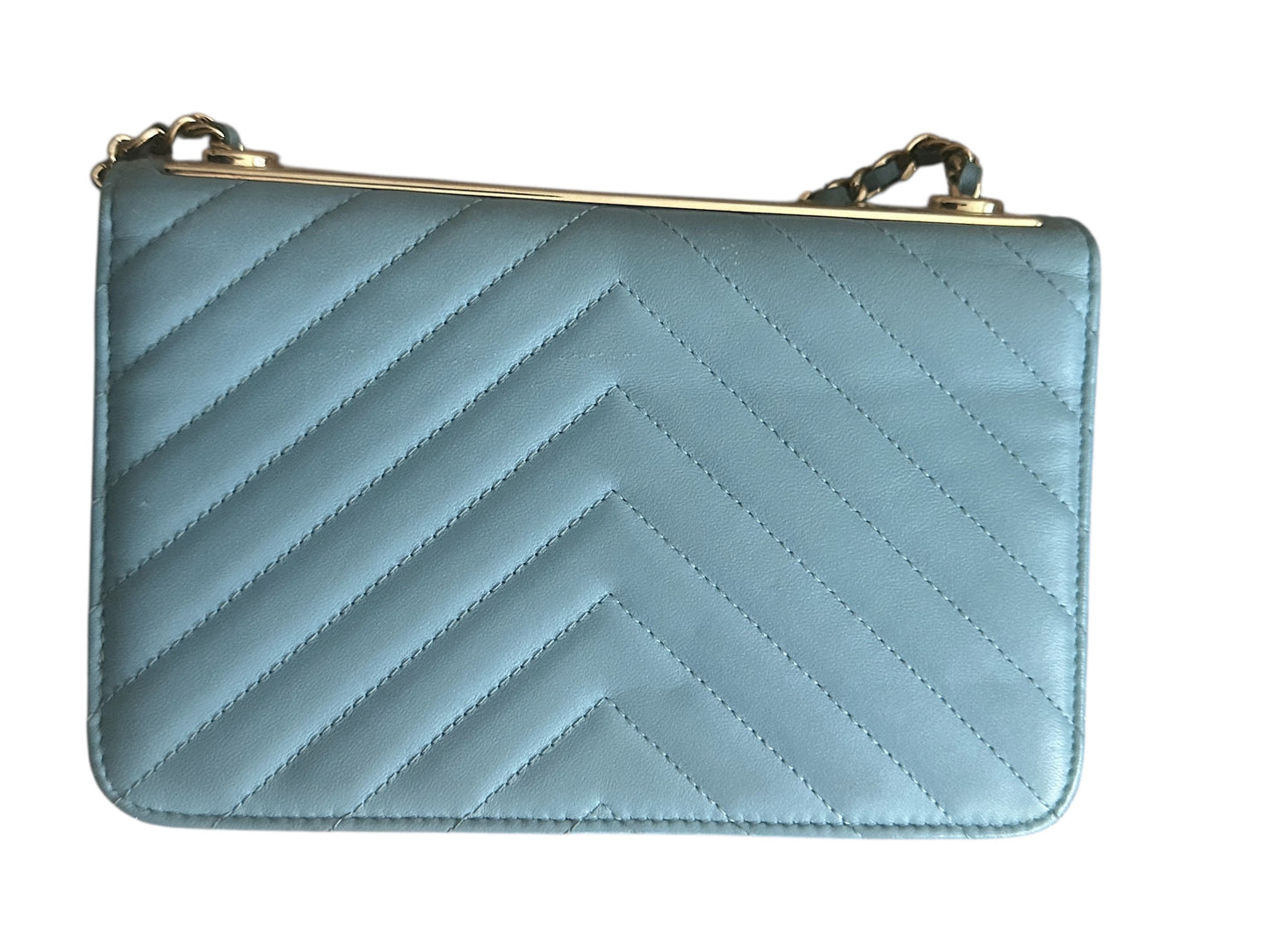Chanel Wallet on Chain Lambskin Chevron Quilted Trendy Cc Woc Light Bl Blue Leather Cross Body Bag