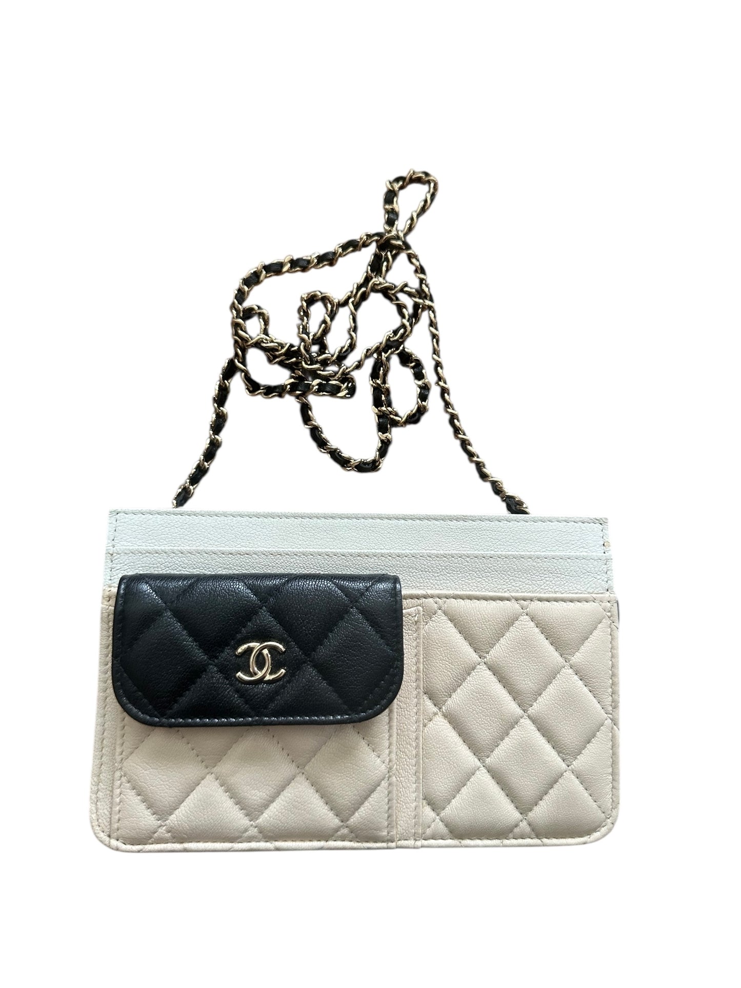 Chanel Goatskin Quilted Tri-Color In & Out Chain Wallet Beige w Black Pocket