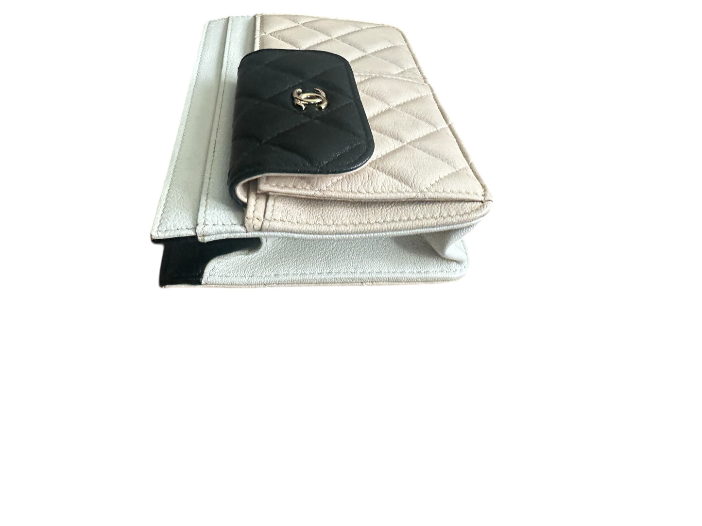 Chanel Goatskin Quilted Tri-Color In & Out Chain Wallet Beige w Black Pocket