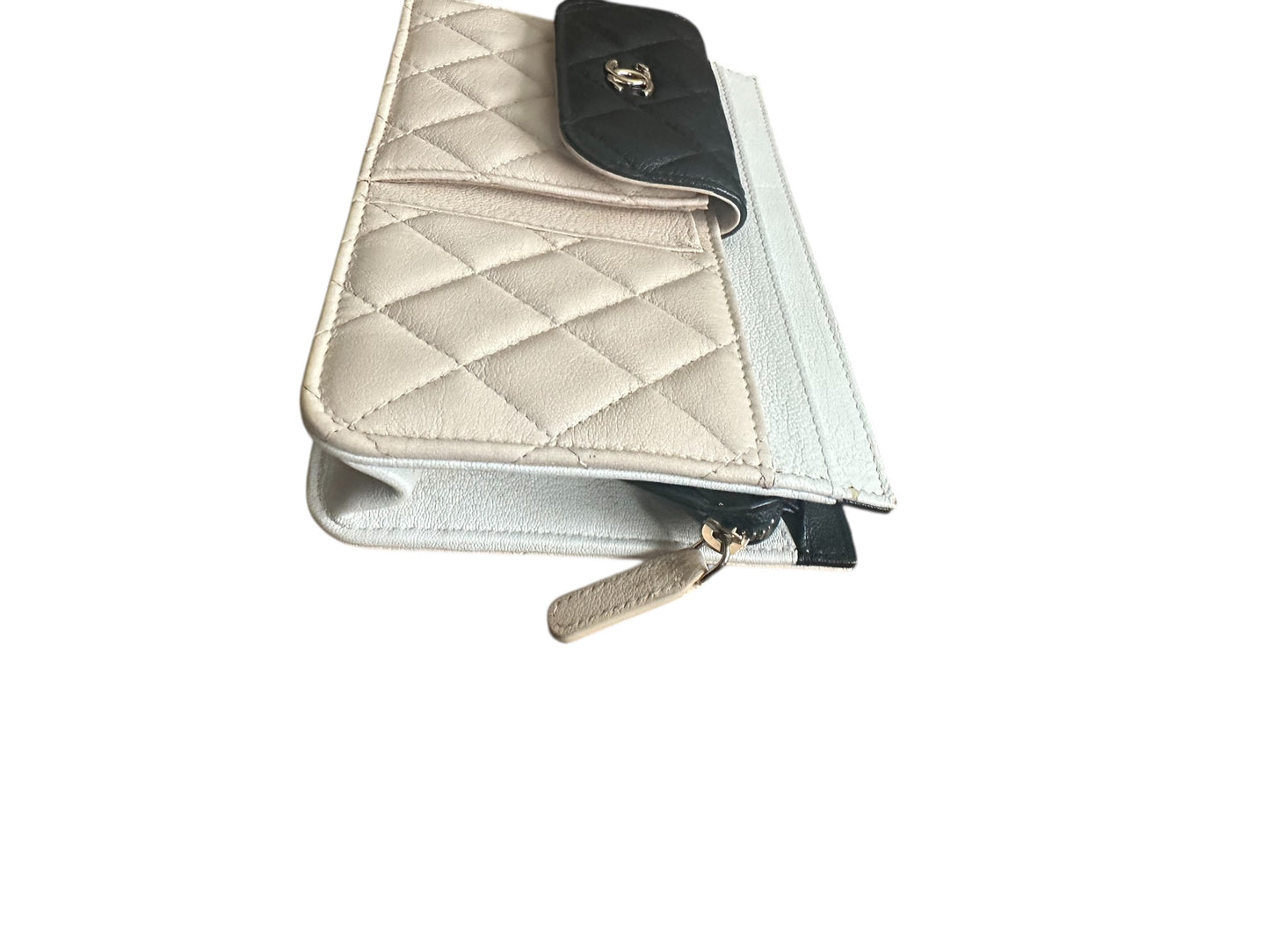 Chanel Goatskin Quilted Tri-Color In & Out Chain Wallet Beige w Black Pocket