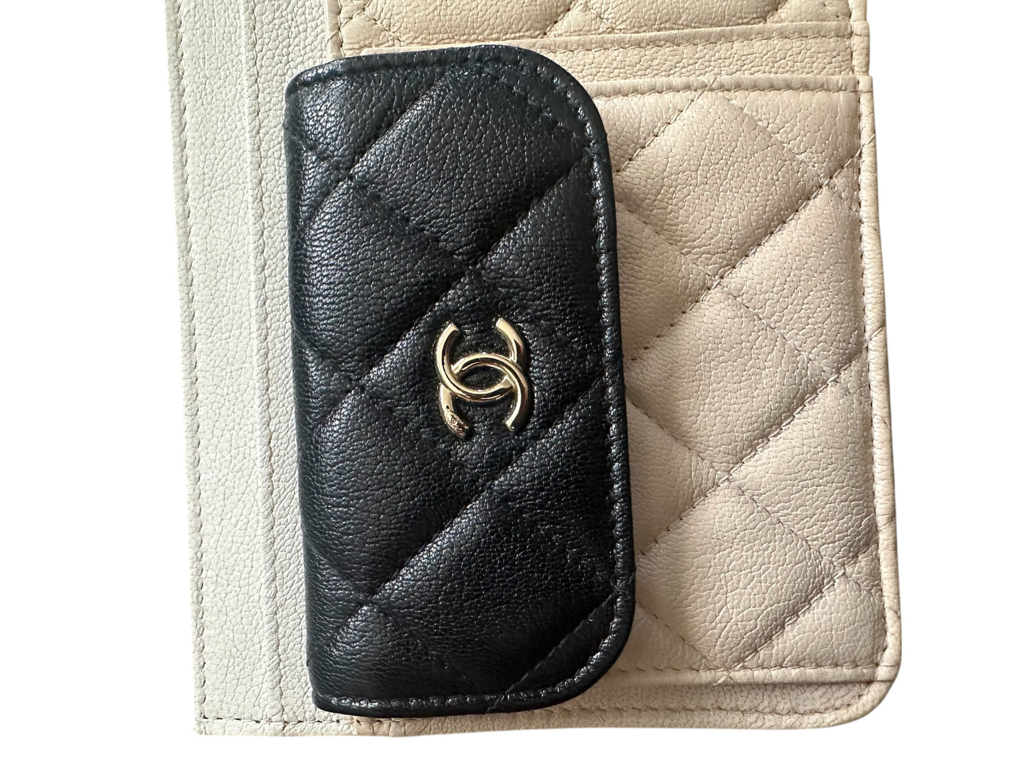 Chanel Goatskin Quilted Tri-Color In & Out Chain Wallet Beige w Black Pocket