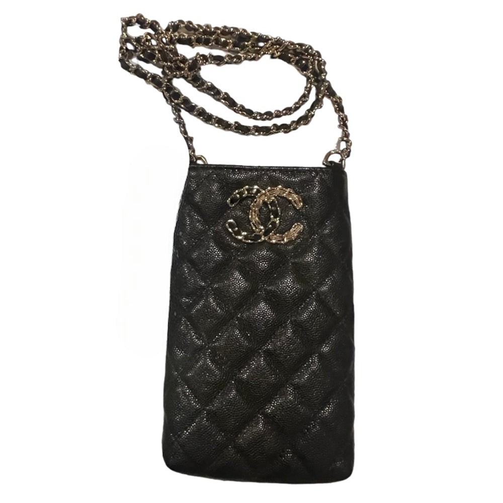 Chanel Quilted Phone Holder In Black Caviar Leather Cross Body Bag (2020)