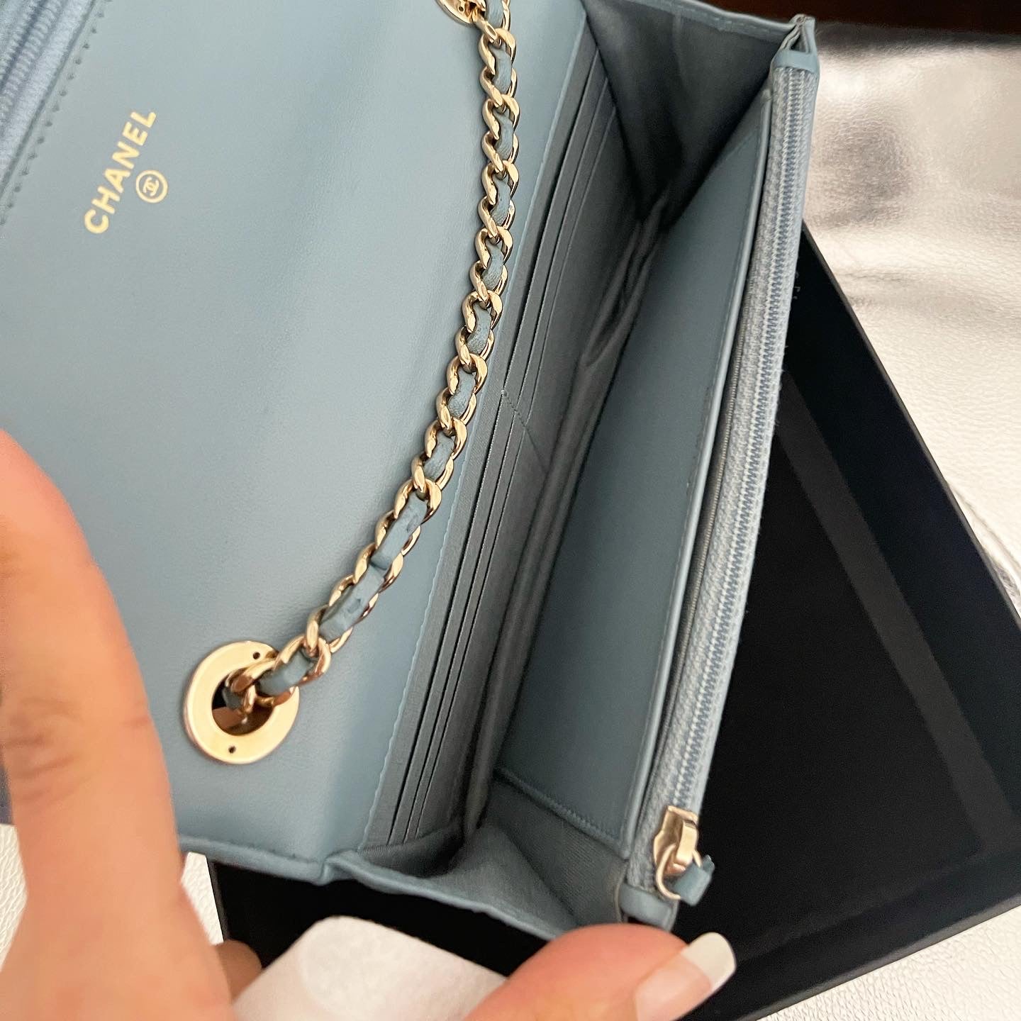 Chanel Wallet on Chain Lambskin Chevron Quilted Trendy Cc Woc Light Bl Blue Leather Cross Body Bag