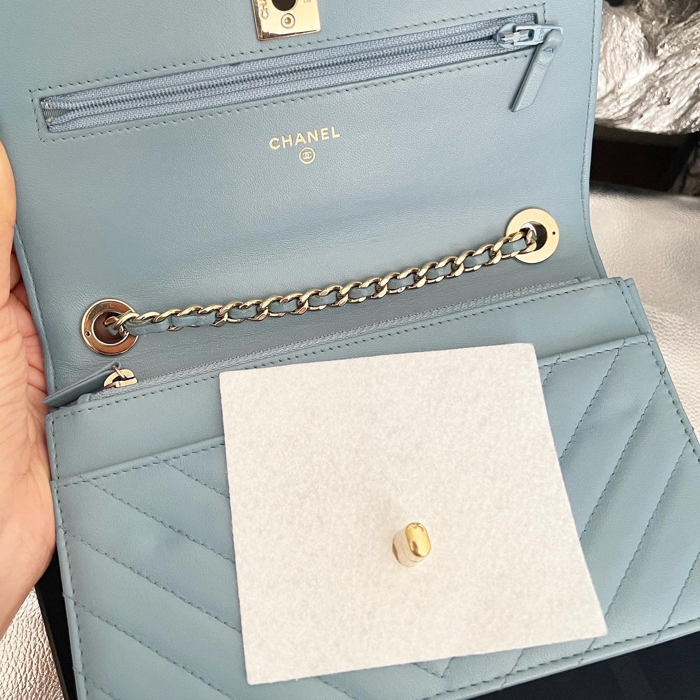 Chanel Wallet on Chain Lambskin Chevron Quilted Trendy Cc Woc Light Bl Blue Leather Cross Body Bag