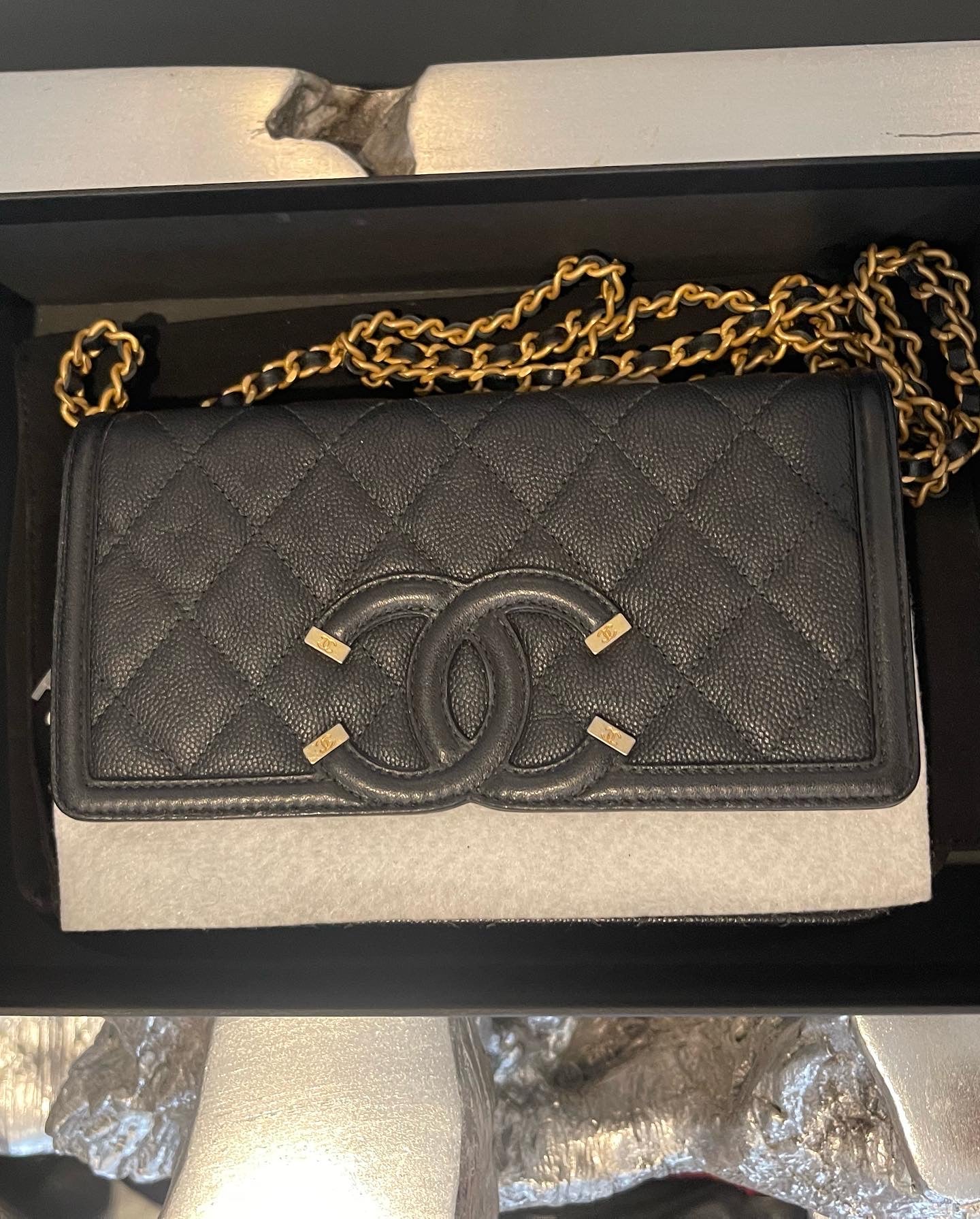 CHANEL Caviar Quilted CC Filigree Wallet On Chain WOC Beige Black