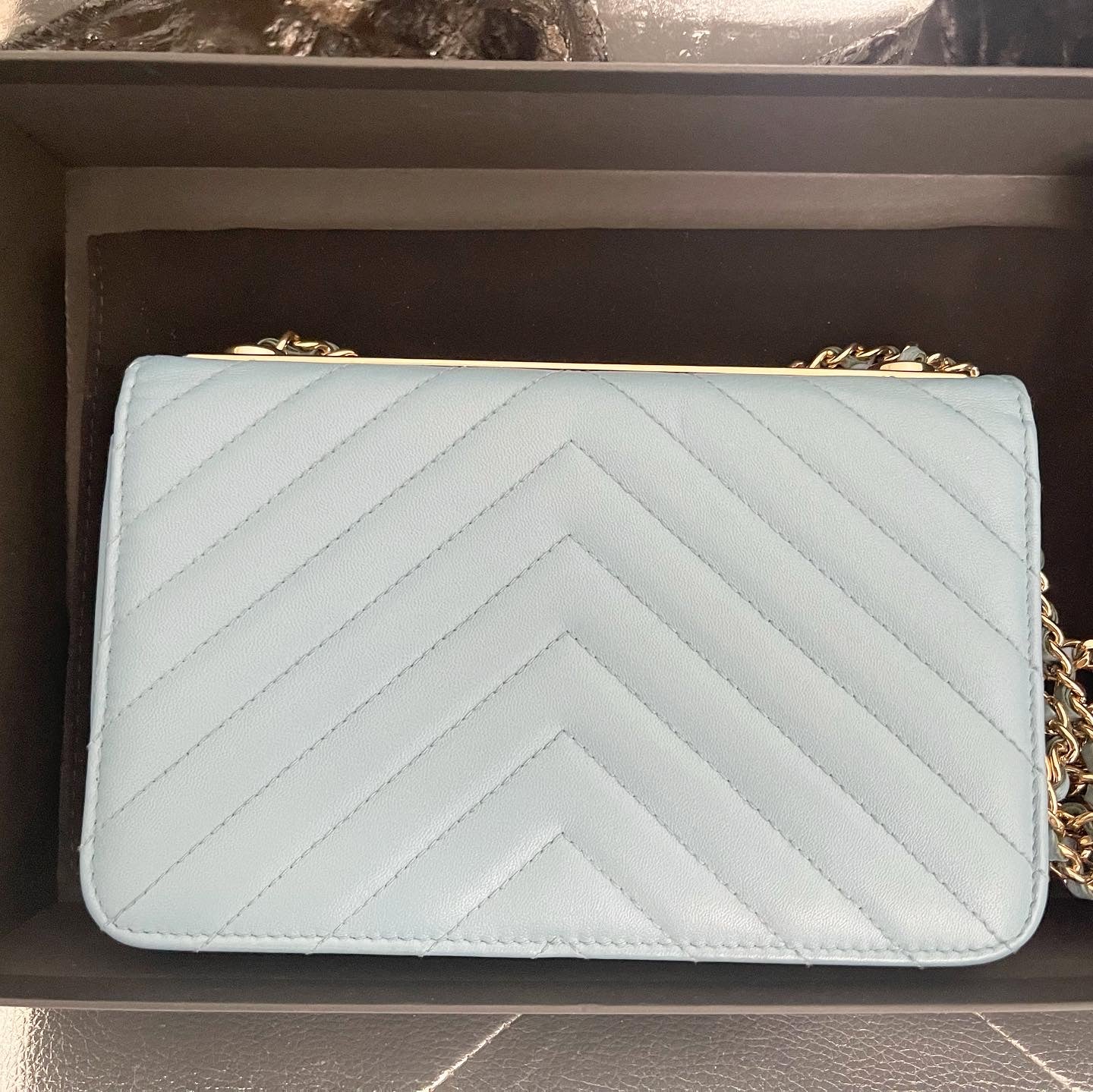Chanel Wallet on Chain Lambskin Chevron Quilted Trendy Cc Woc Light Bl Blue Leather Cross Body Bag
