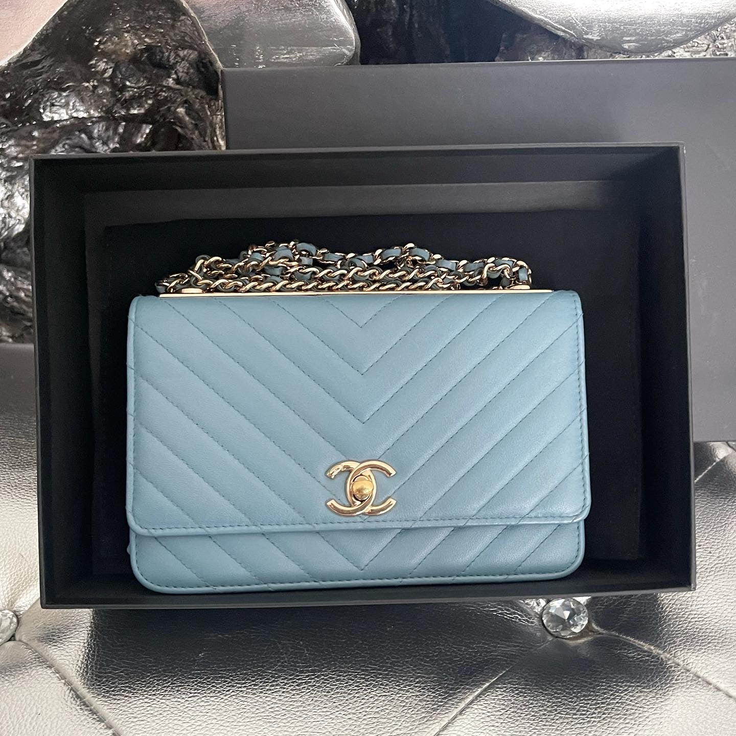 Chanel Wallet on Chain Lambskin Chevron Quilted Trendy Cc Woc Light Bl Blue Leather Cross Body Bag