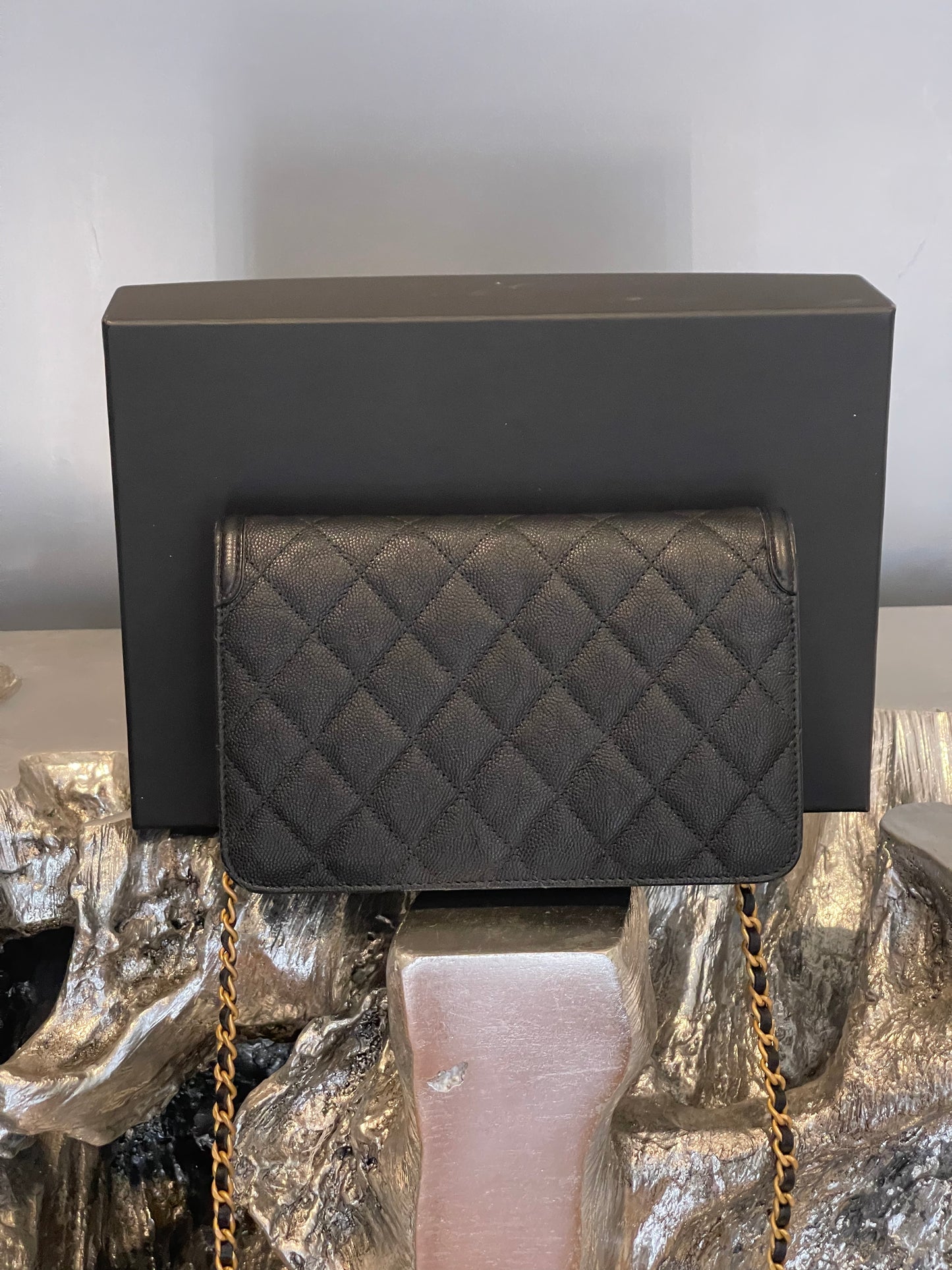 Chanel Wallet on Chain Quilted Cc Filigree Woc Black Caviar Leather Cross Body Bag