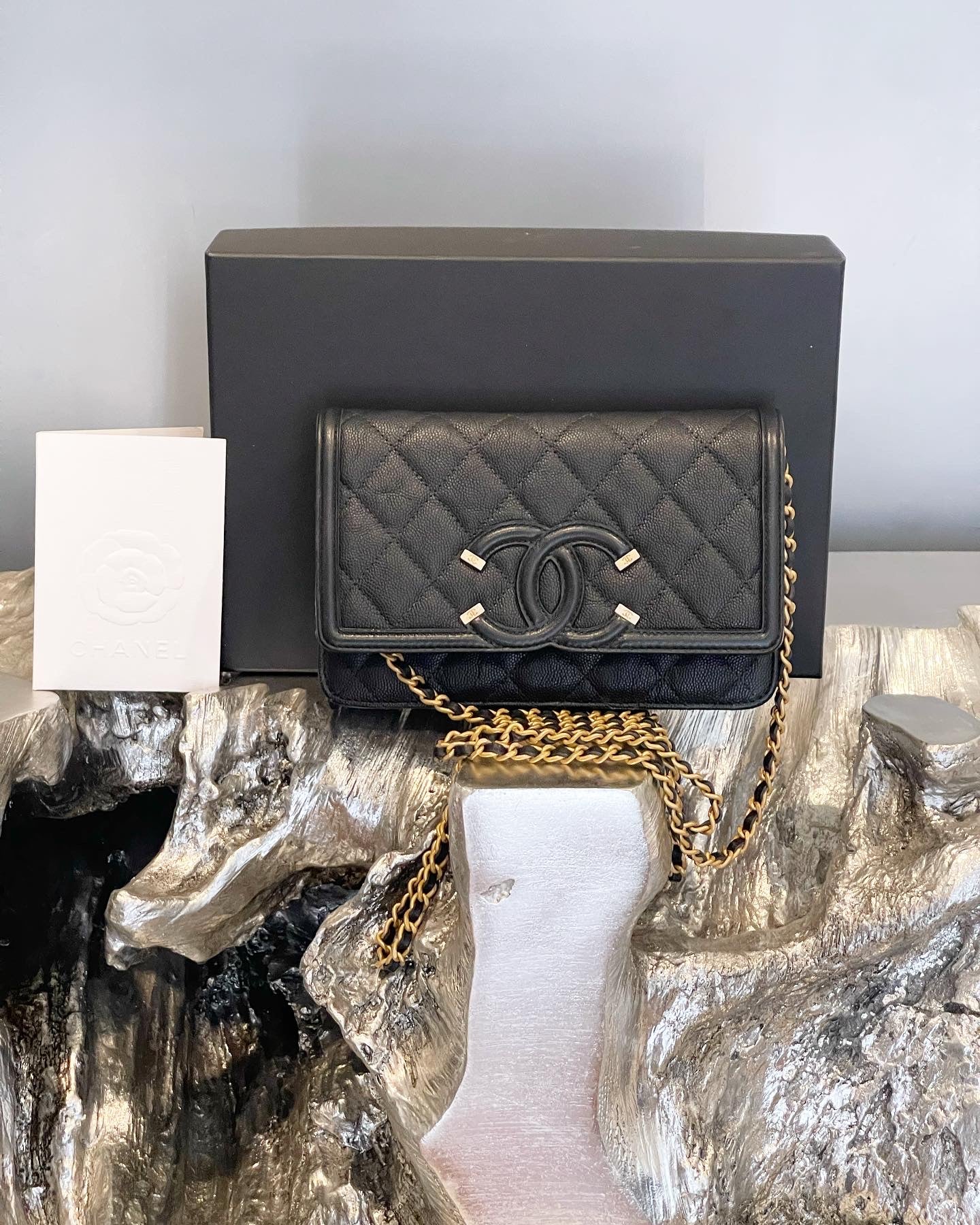 Chanel Black Quilted Caviar CC Filigree Vanity Clutch With Chain