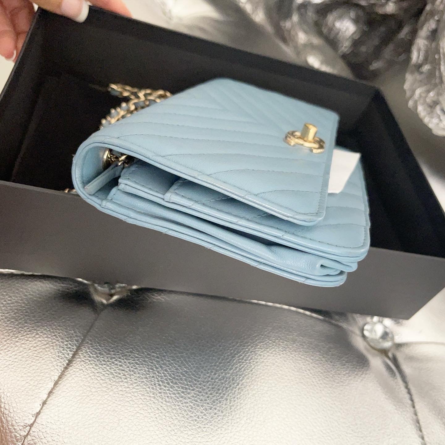 Chanel Wallet on Chain Lambskin Chevron Quilted Trendy Cc Woc Light Bl Blue Leather Cross Body Bag