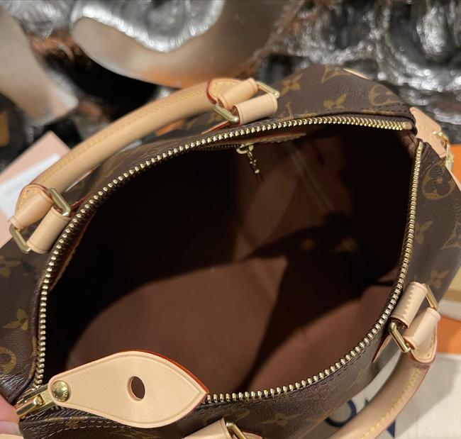 Speedy 25 Brown Monogram Canvas and Calfskin Cross Body Bag