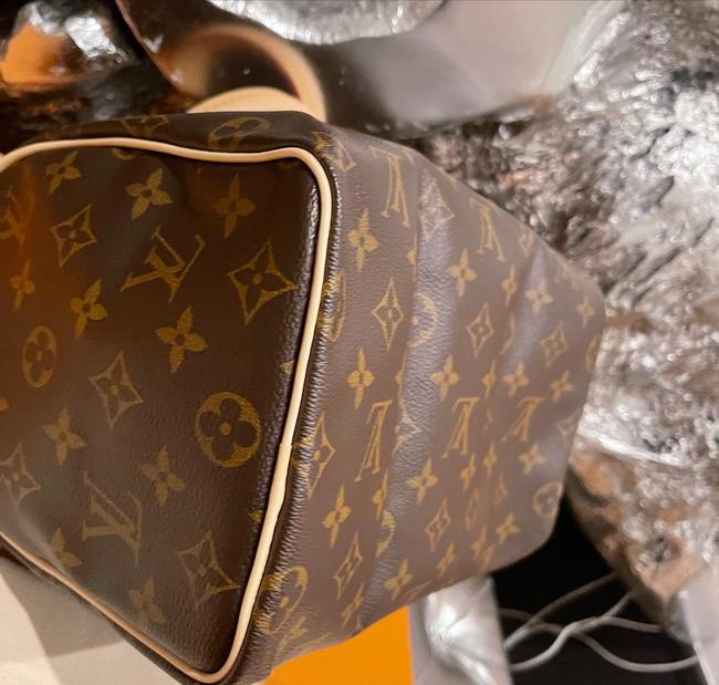 Speedy 25 Brown Monogram Canvas and Calfskin Cross Body Bag