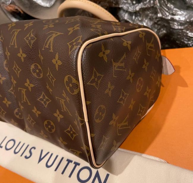 Speedy 25 Brown Monogram Canvas and Calfskin Cross Body Bag