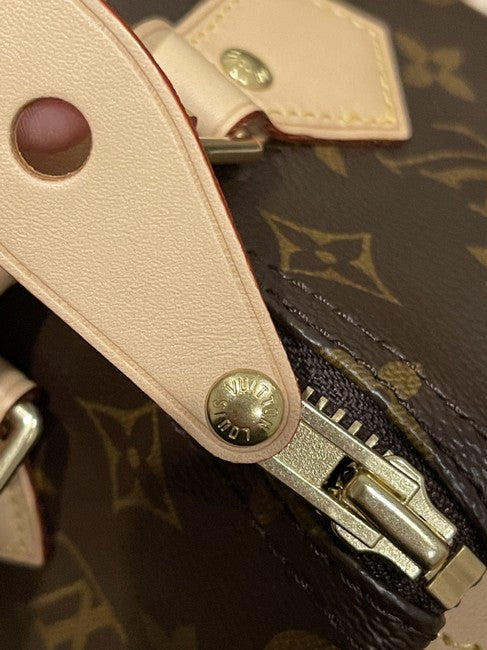Speedy 25 Brown Monogram Canvas and Calfskin Cross Body Bag