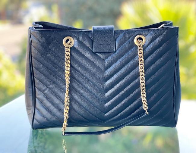 Monogram Shopping Grain De Poudre Matelasse Chevron Black Calfskin Shoulder Bag